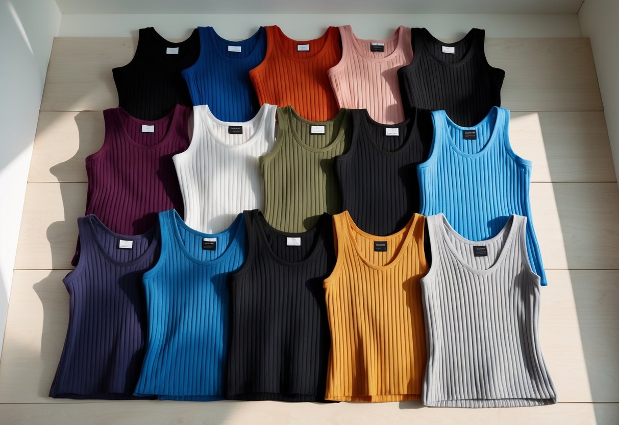Twelve ribbed knit tank tops in different colors and styles arranged neatly on a wooden surface.