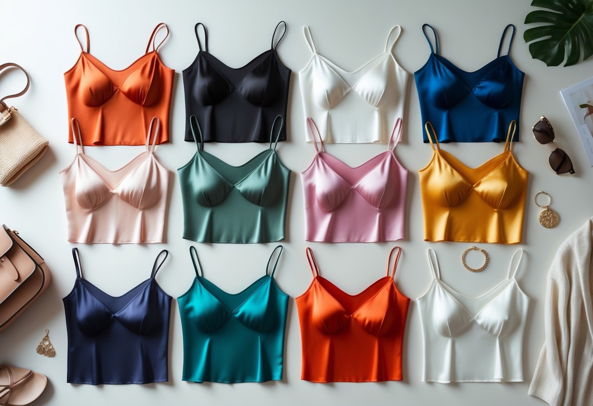 Twelve silk camisole tank tops of various colors and styles displayed neatly with accessories on a neutral background.