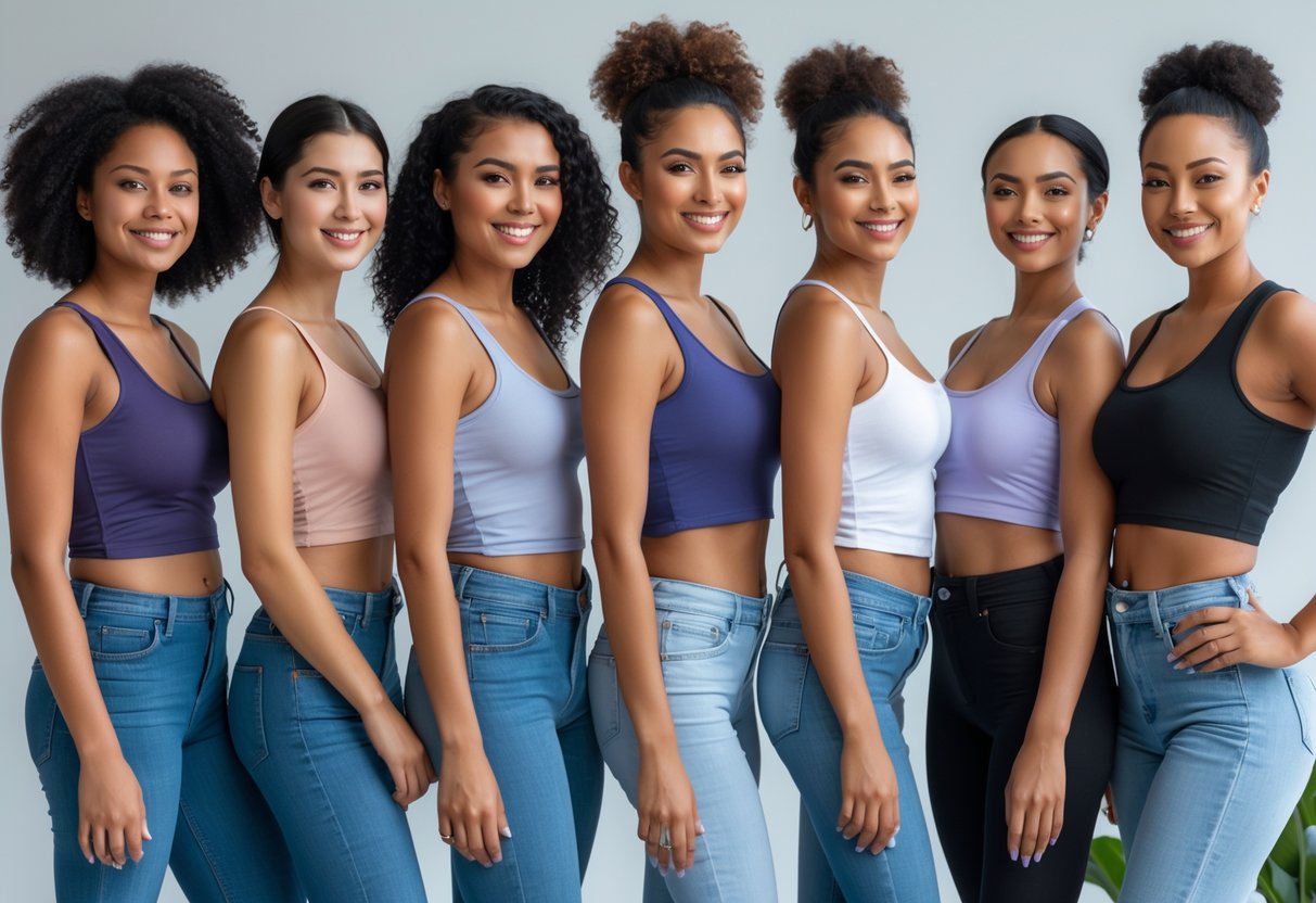 Six women with different body types standing side by side wearing various styles of tank tops in a neutral studio setting.