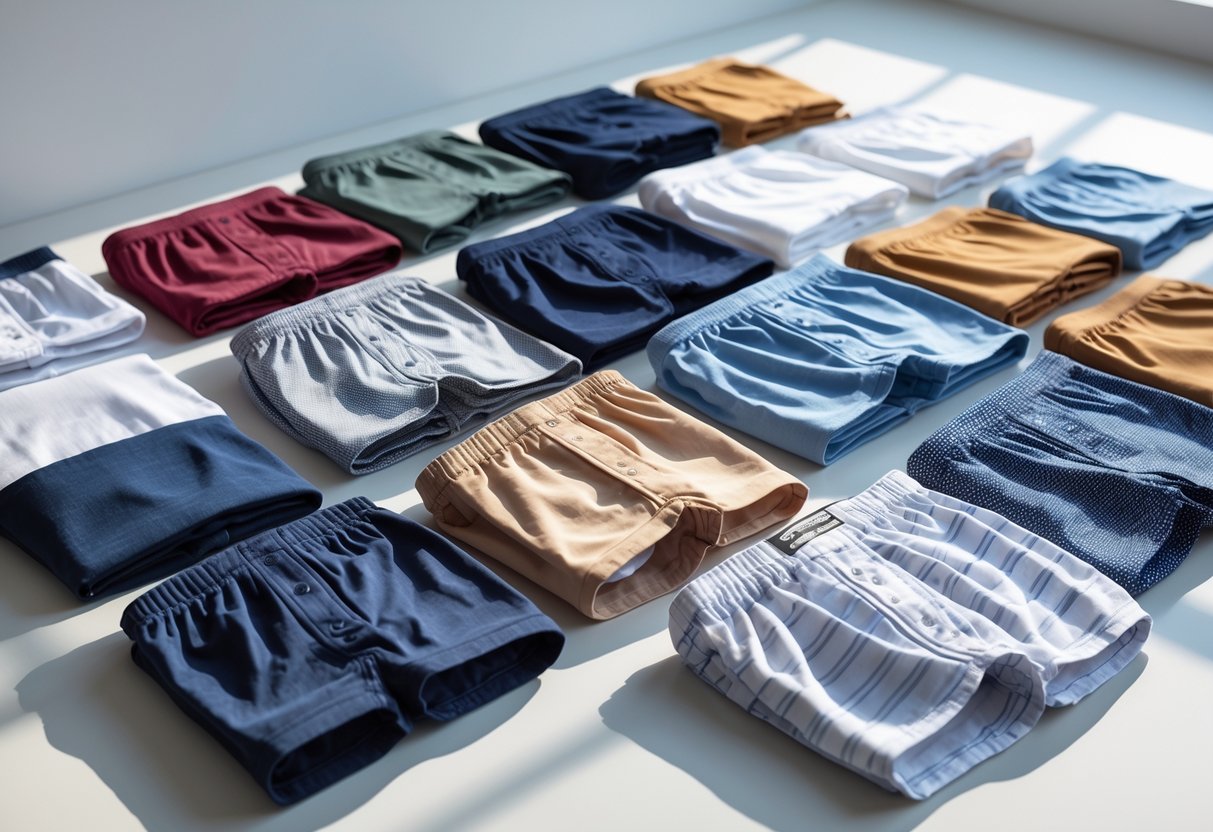 A collection of men's boxer underwear in different colors and patterns arranged neatly on a plain background.