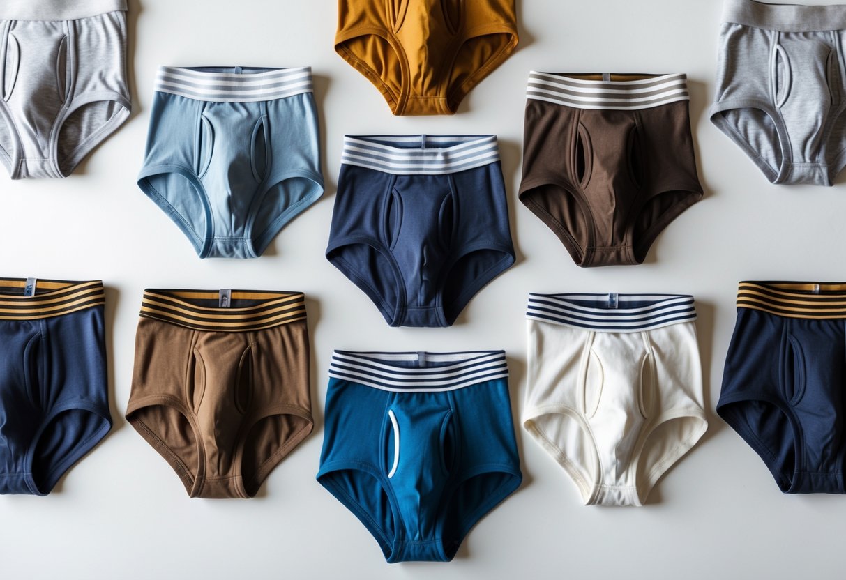 A flat lay of several pairs of men's briefs underwear in different colors arranged on a white background.
