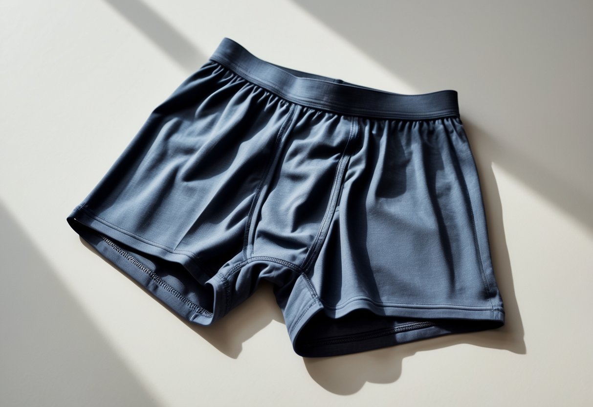 A pair of men's boxer briefs neatly folded on a plain background.