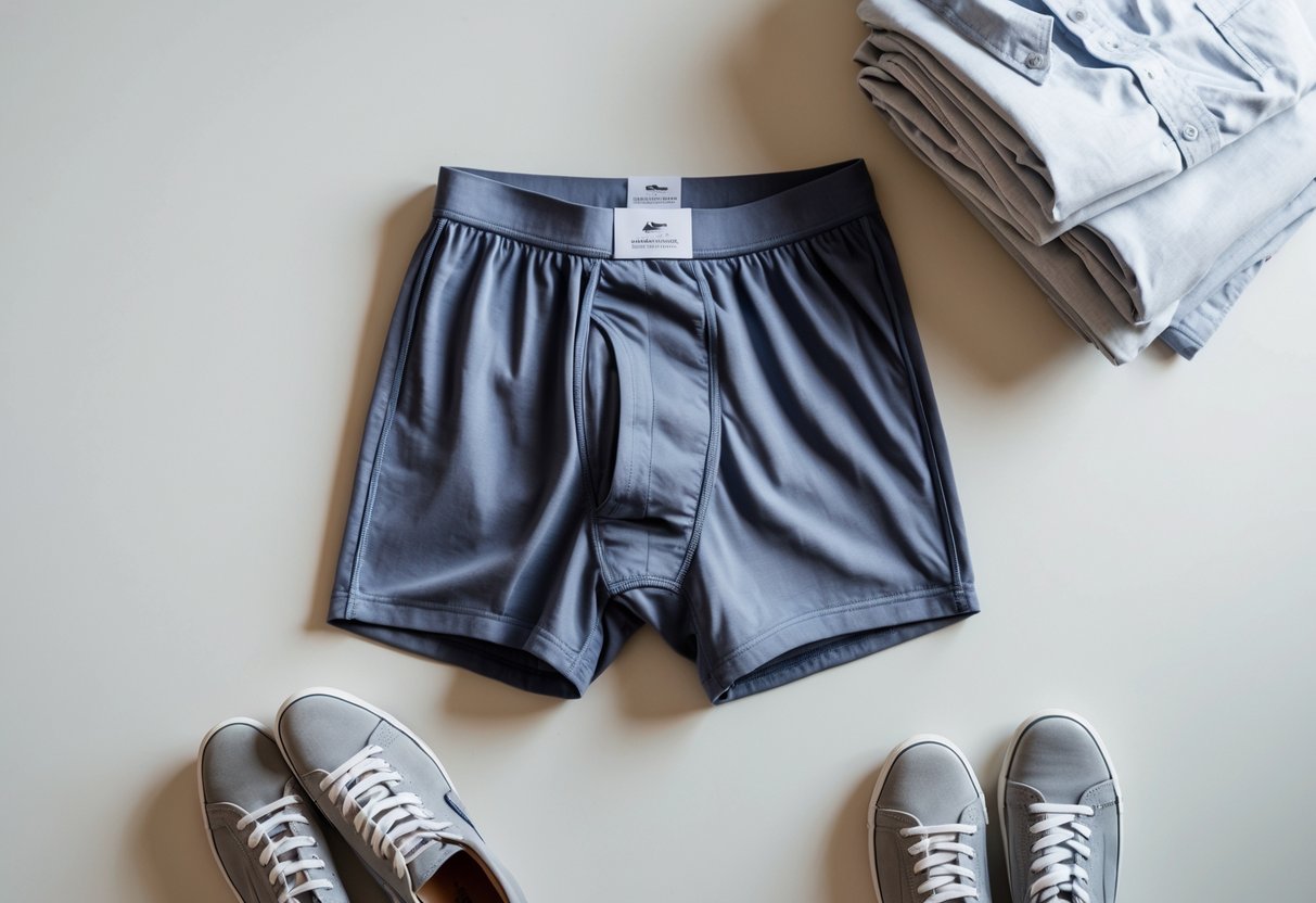 A neatly folded pair of men’s trunks underwear displayed on a neutral background with casual clothing items nearby.