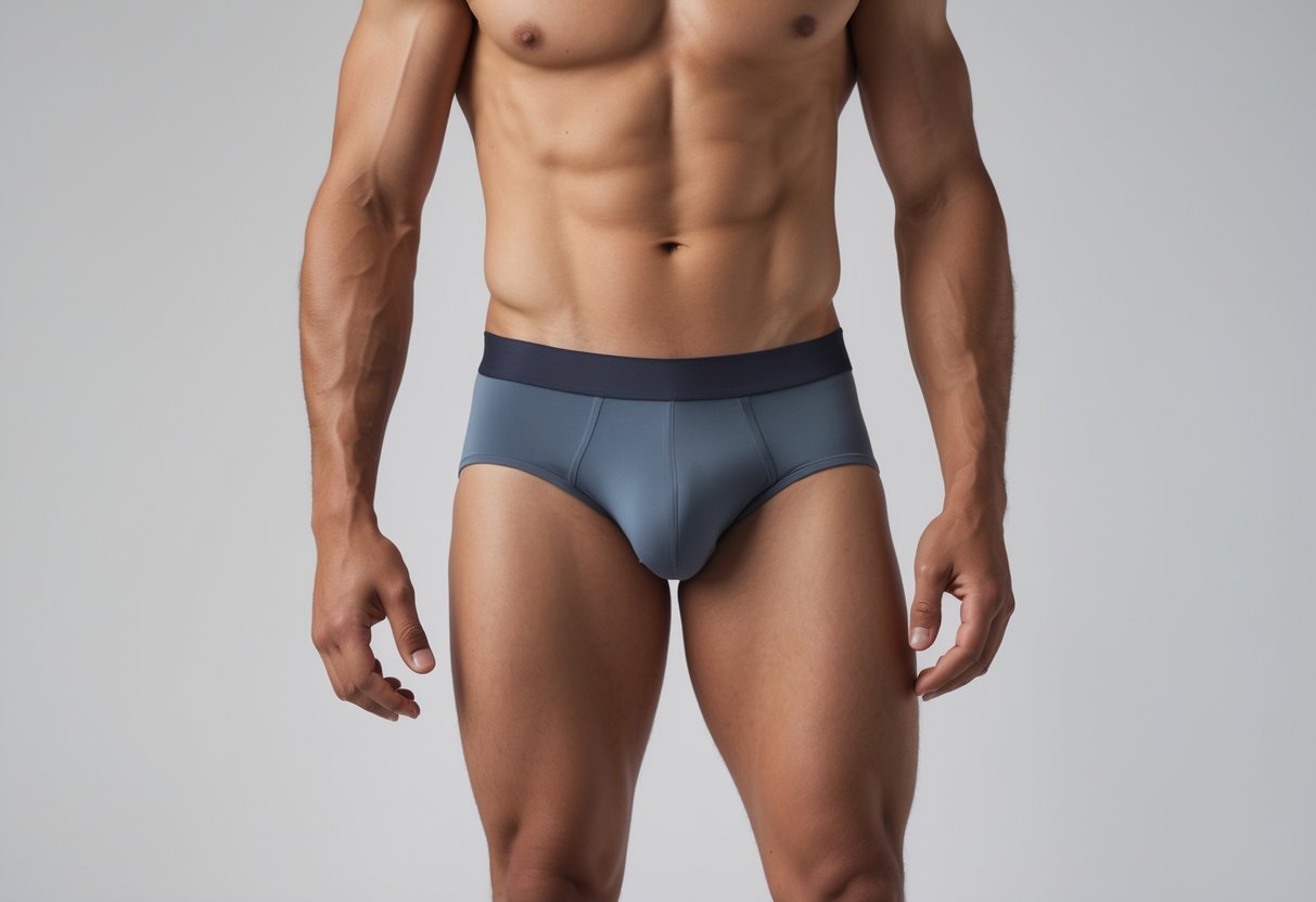 A male model wearing men's thong underwear standing against a plain background.