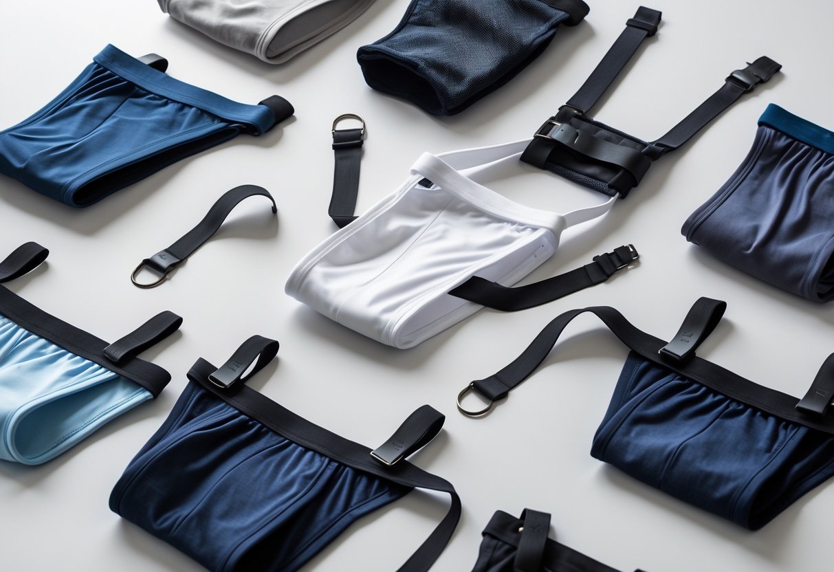 A display of different men's jockstraps arranged on a neutral background.