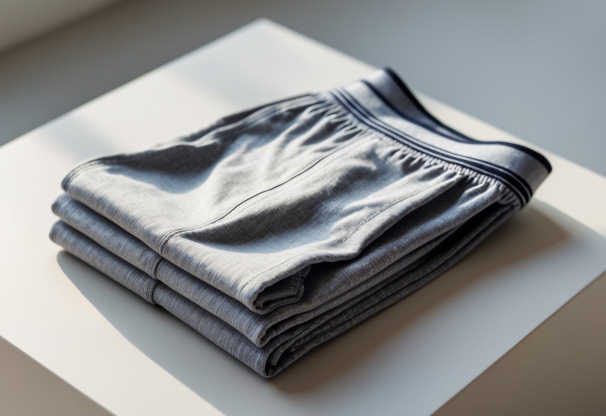 A folded pair of men's cotton-elastane blend underwear on a neutral surface.