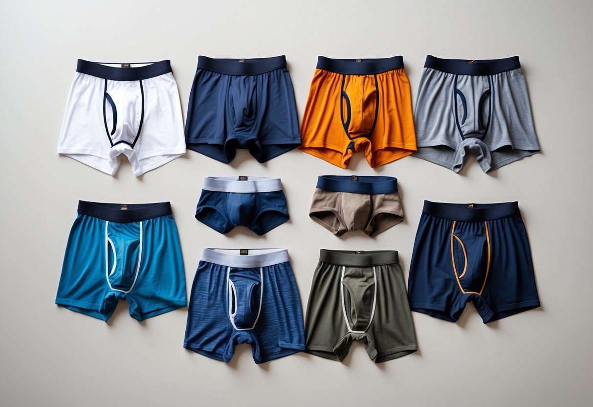 A flat lay of different types of men's underwear arranged neatly on a plain surface.