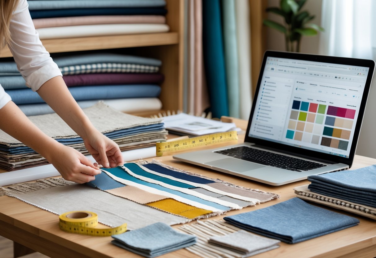 Hands selecting fabric swatches on a table surrounded by fabric samples, measuring tape, and a laptop in a fabric sourcing workspace.