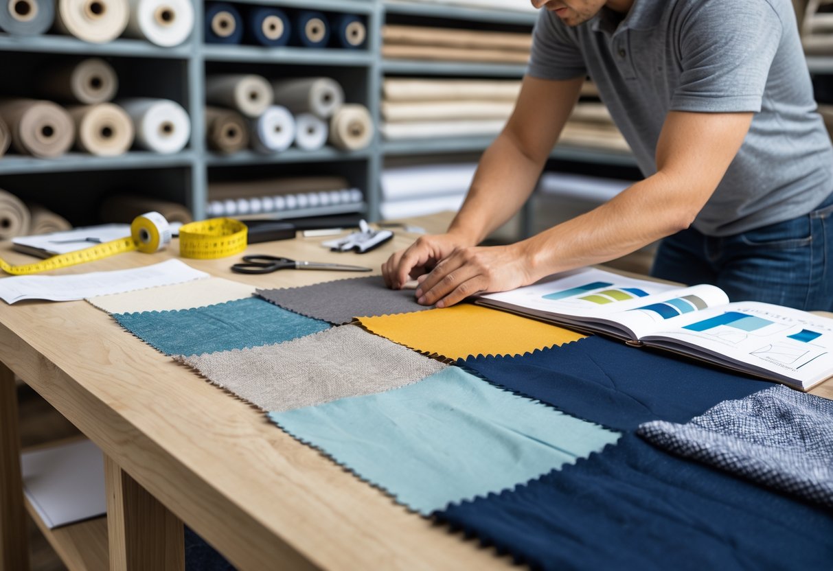 A person examining various fabric swatches on a table with rolls of fabric on shelves in the background.