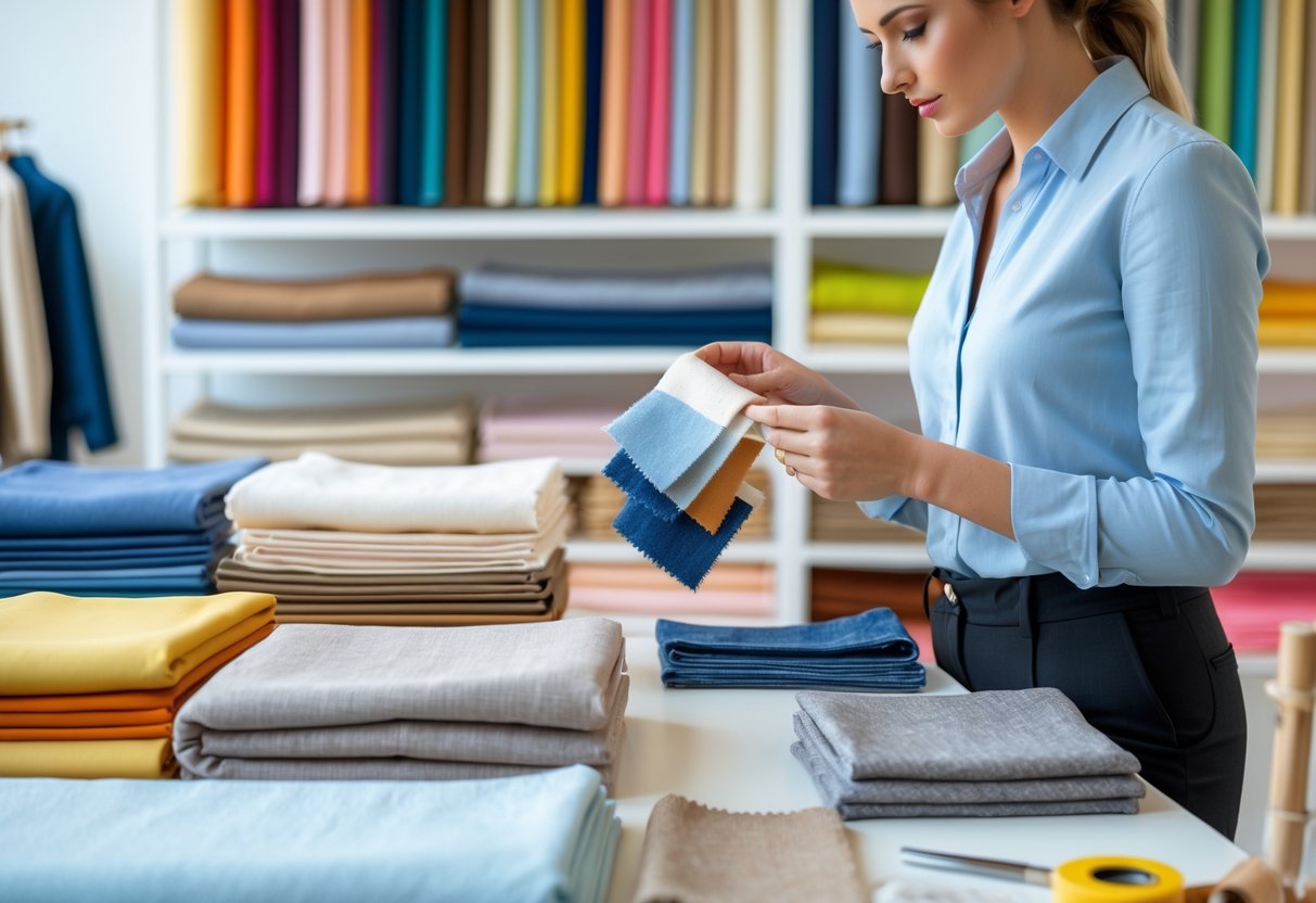 Person examining fabric swatches in a well-organized fabric store with bolts of fabric on shelves in the background.