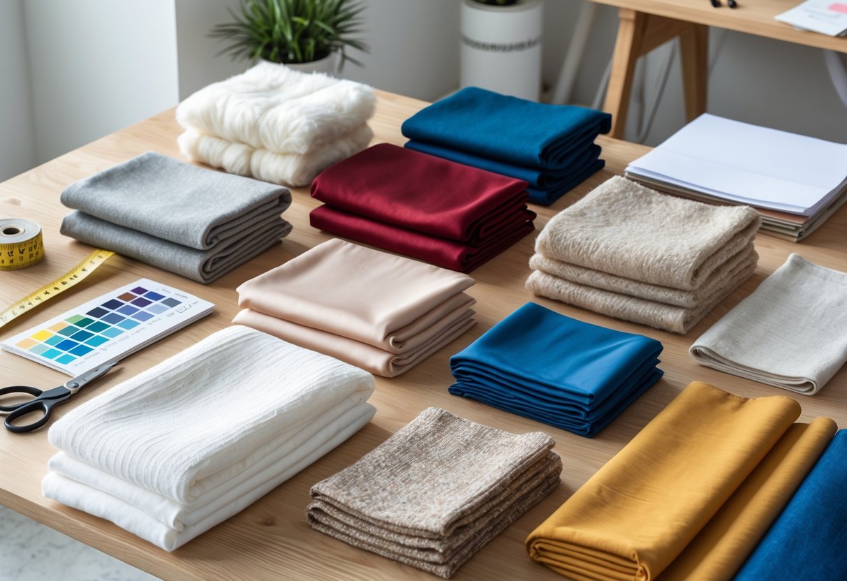 A variety of fabric samples with different textures and colors arranged on a wooden table alongside measuring tape, scissors, and a notebook in a clean workspace.