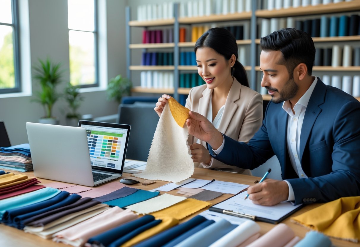 Two people examining fabric samples and taking notes in an office with shelves of fabric rolls.