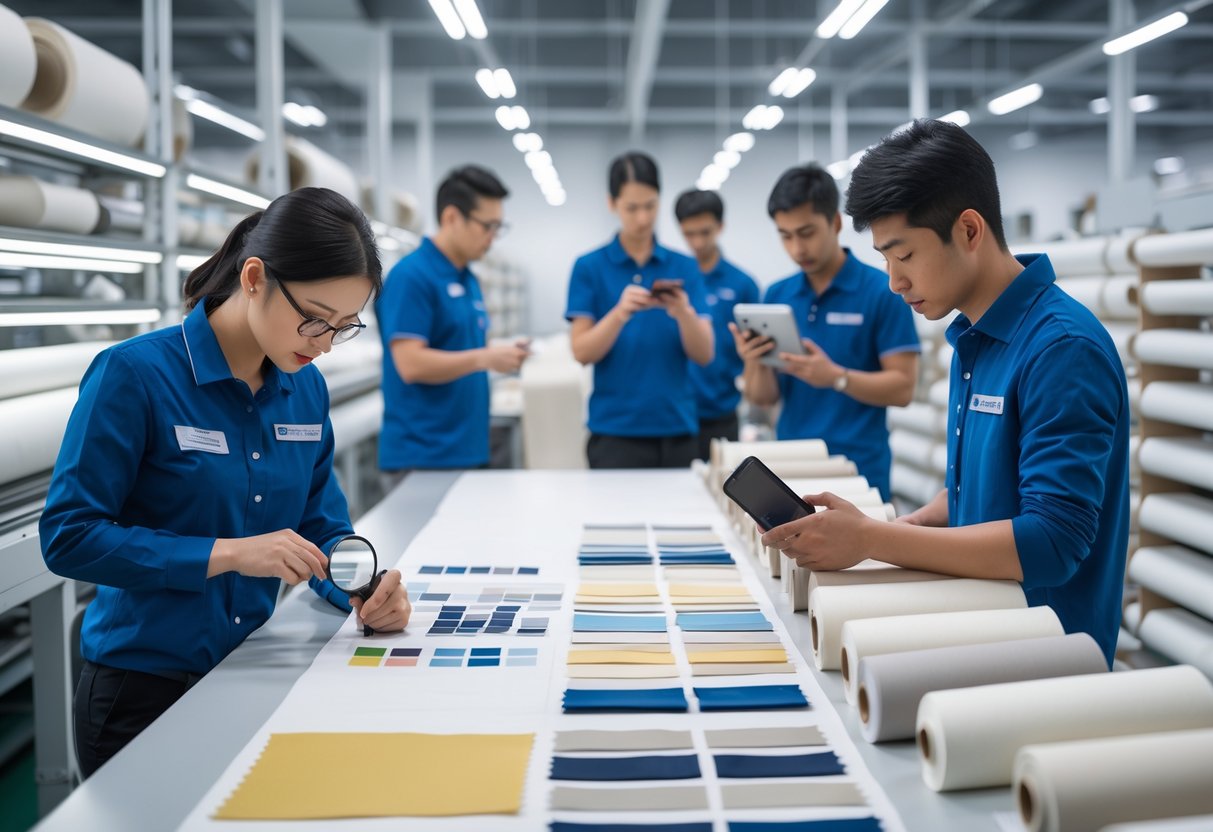 Workers inspecting fabric samples and managing orders in a textile factory setting.