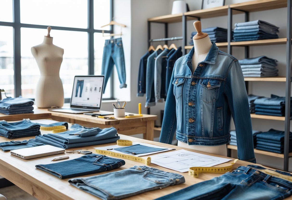 A fashion designer's workspace with denim fabrics, sewing tools, sketches, a mannequin wearing a denim jacket, and a laptop in a bright studio.