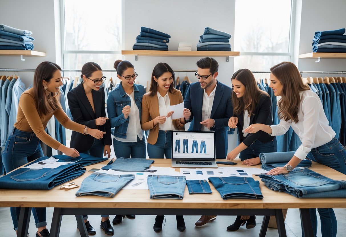 A group of people working together in a design studio with denim fabrics, sketches, and sewing tools on a table.