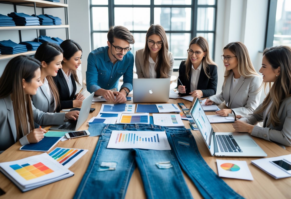 A group of people working together at a table with denim fabric, sketches, laptops, and notes in a bright workspace.