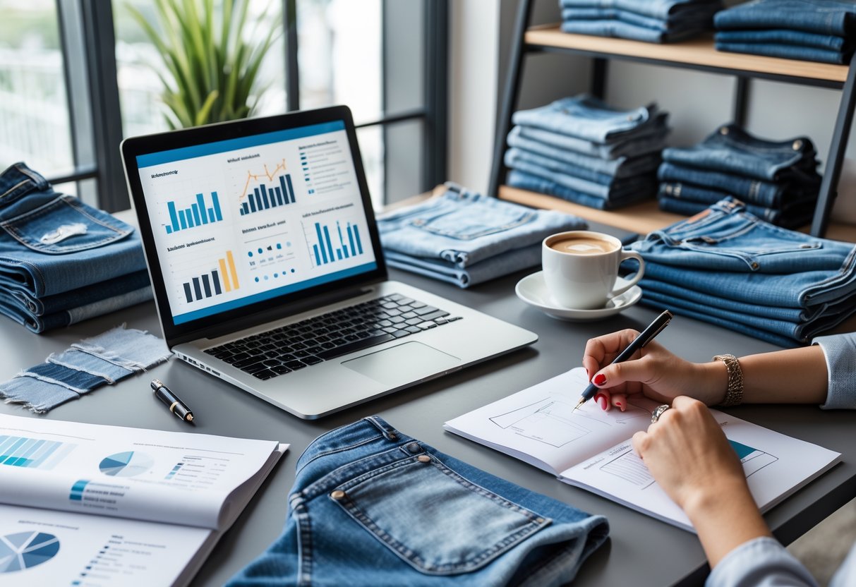 A workspace with a laptop, notebooks, denim fabric samples, and hands working on a business plan for a denim clothing line.