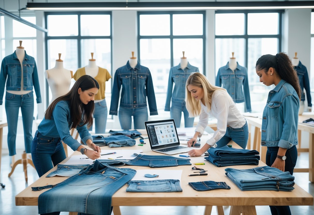 Designers working together in a bright studio with denim fabrics, sketches, and mannequins displaying denim clothing.