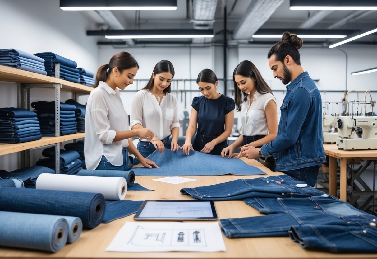 A group of people working together in a denim manufacturing workspace with fabric, sewing machines, and design sketches.