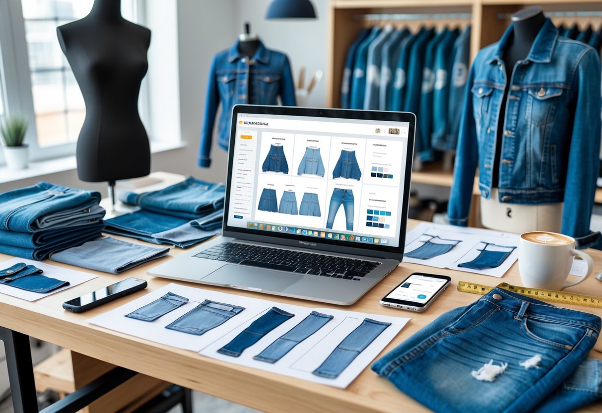A creative workspace with denim fabric swatches, design sketches, a laptop showing branding tools, and a mannequin wearing a denim jacket.