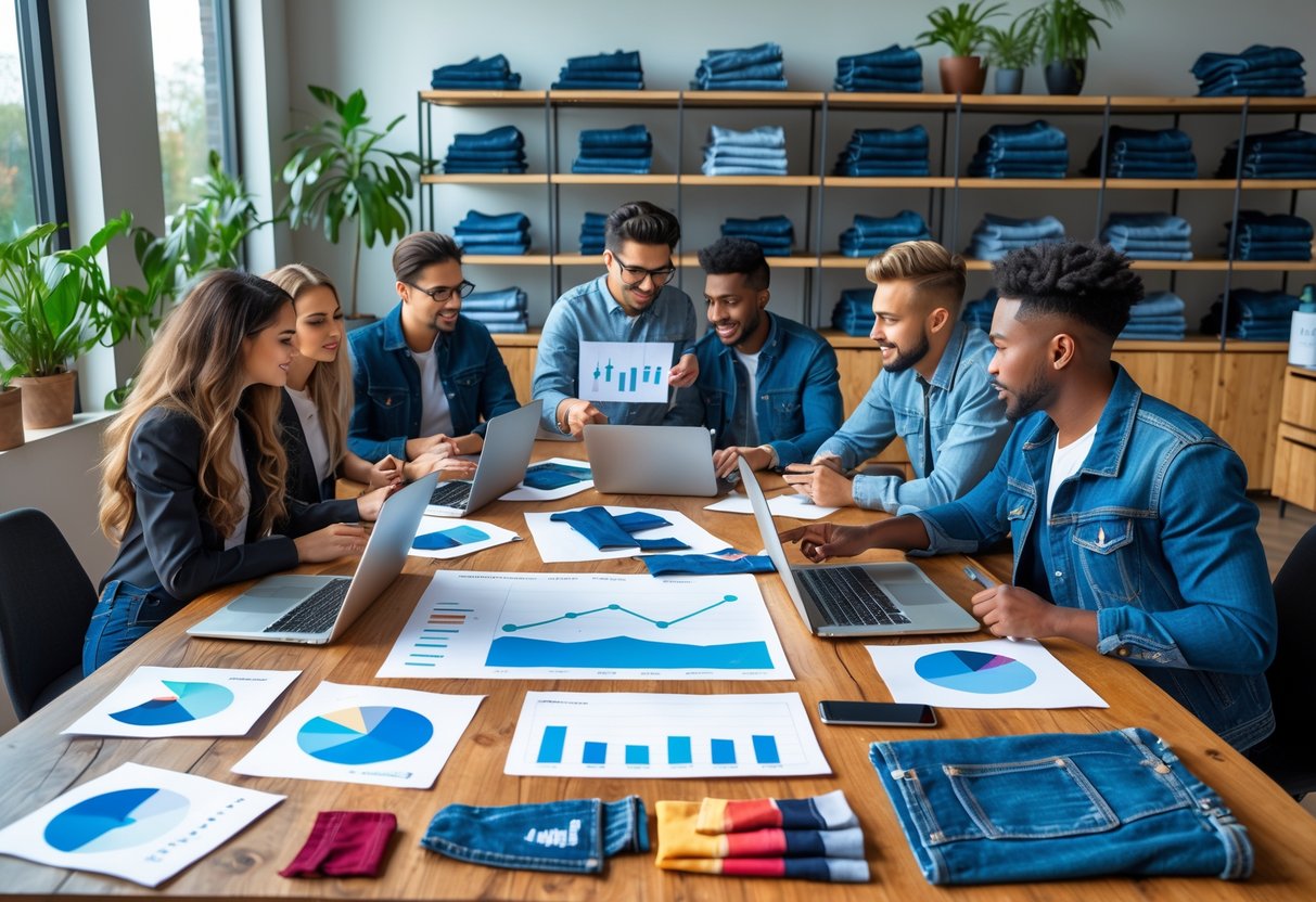 A group of people working together around a table with denim samples, sketches, and laptops in a bright room filled with denim clothing.