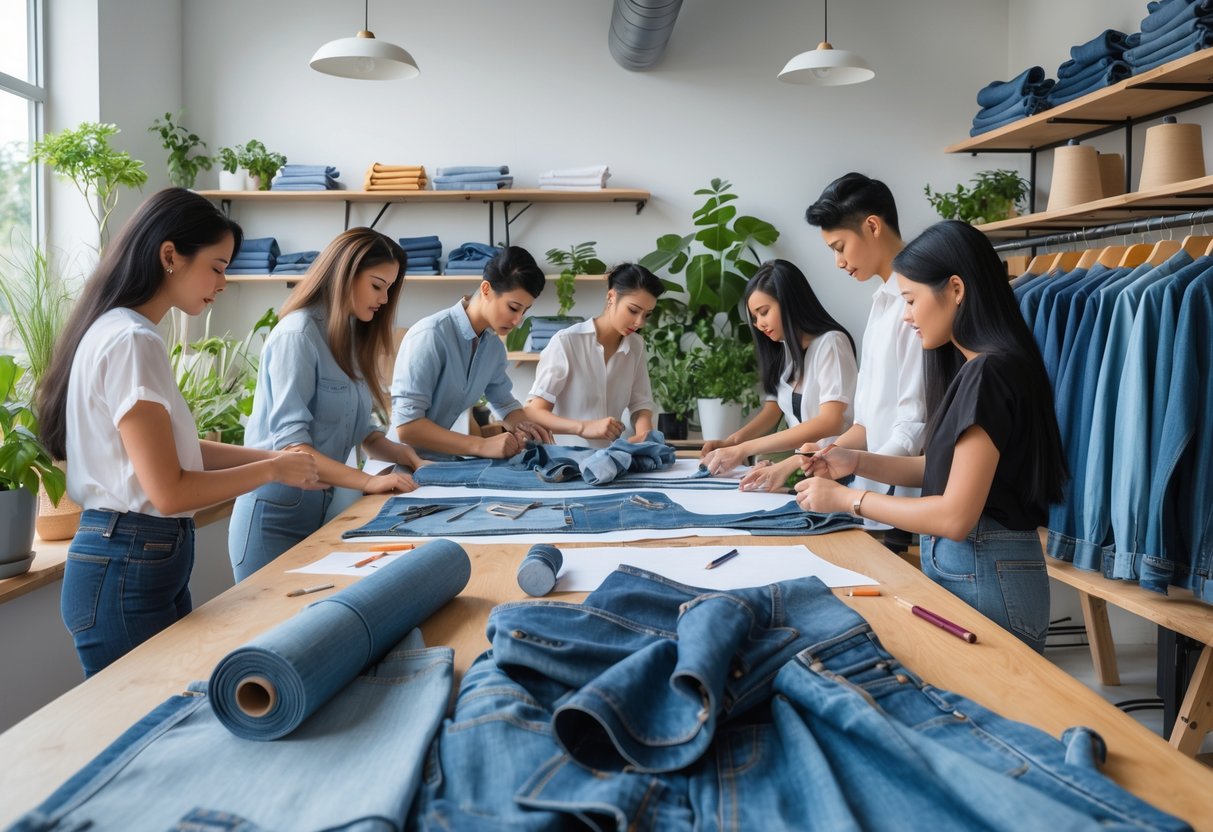 A group of designers working together in a bright denim workshop surrounded by denim fabrics, sewing machines, and plants.