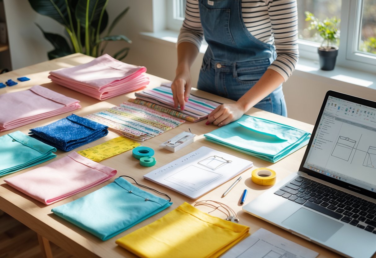 A workspace with tote bags, sewing tools, a laptop, and a person inspecting a tote bag.