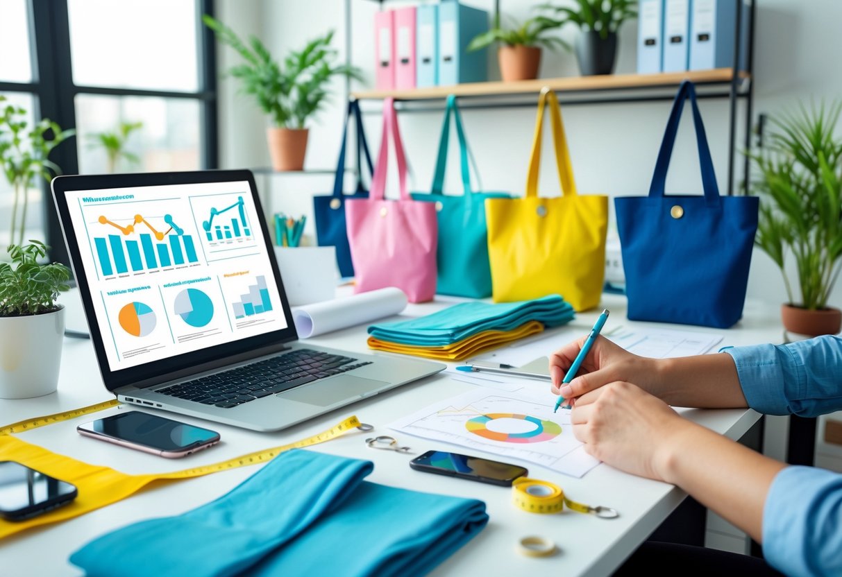 A workspace with tote bags, a laptop showing business charts, fabric samples, and a person sketching designs on a notepad.
