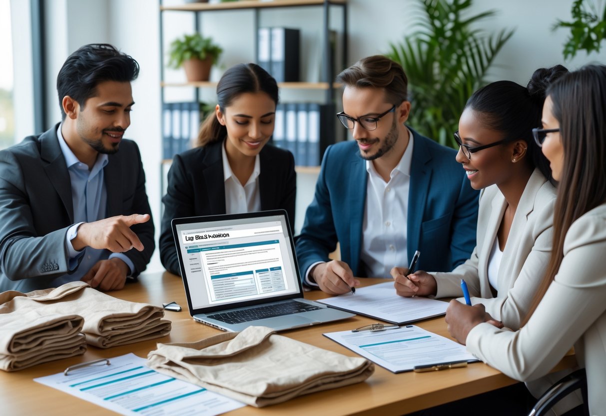 People working together at a desk with business documents, a laptop, and tote bag samples in an office setting.