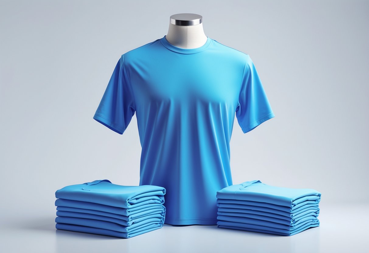 A plain white polyester t-shirt displayed on a mannequin against a white background.