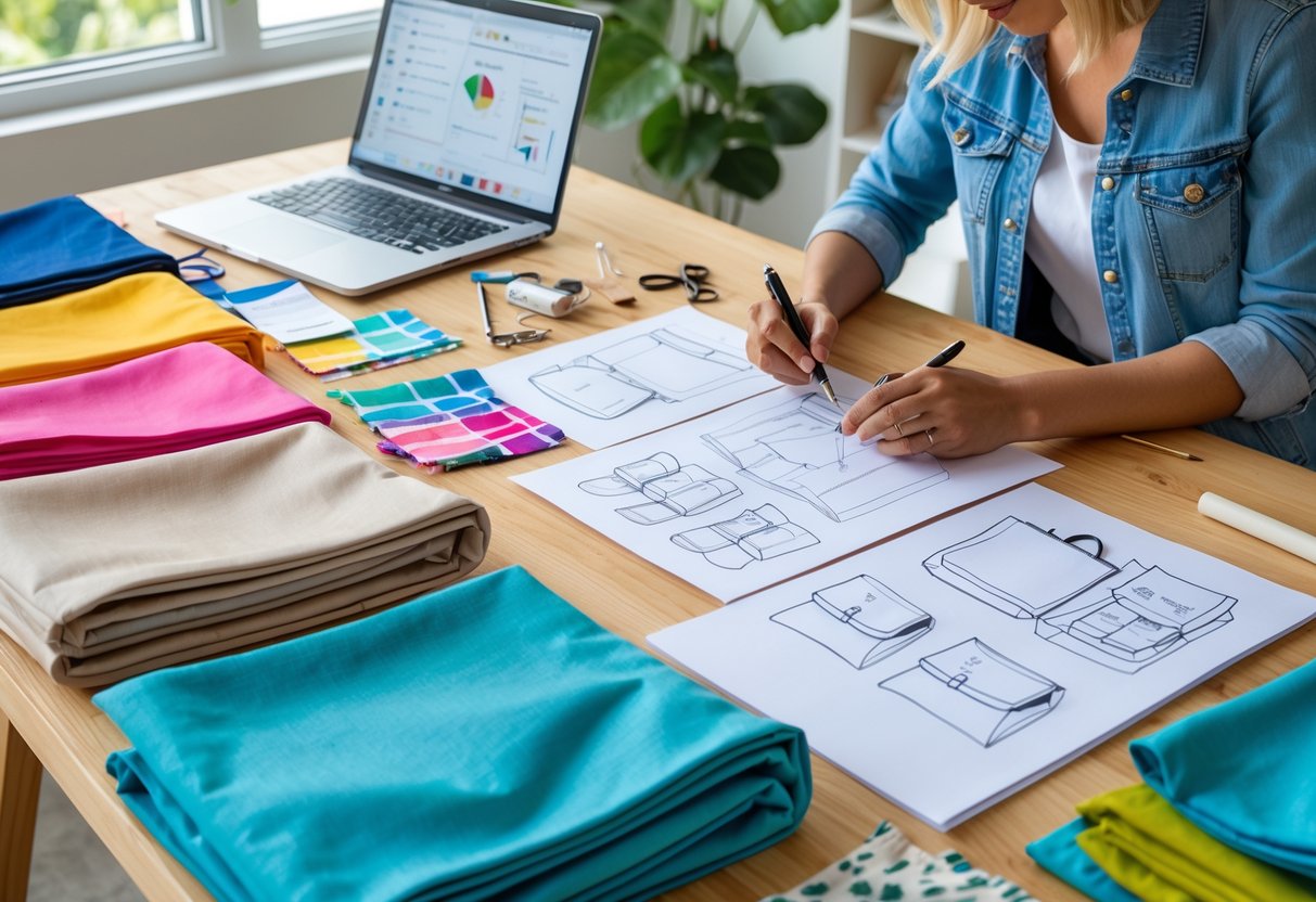A person sketching tote bag designs at a desk with fabric samples, sewing tools, tote bags, and a laptop in a well-lit workspace.