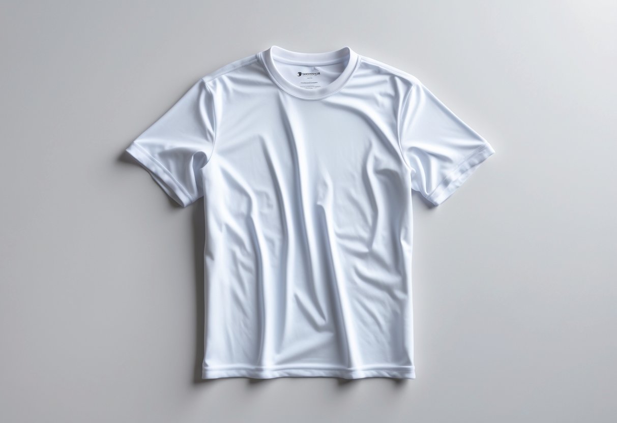 A plain white polyester t-shirt displayed on a neutral background.