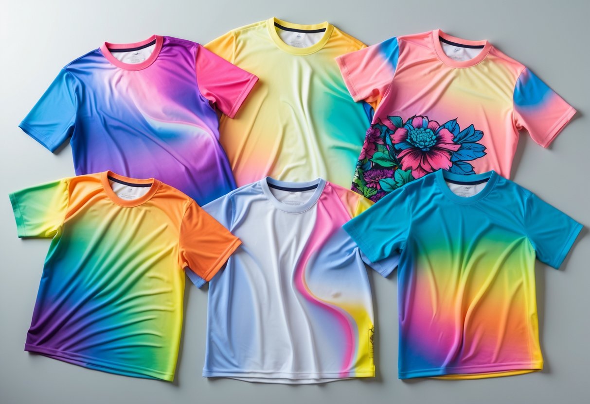Five colorful polyester sublimation shirts arranged neatly on a clean background, displaying vibrant printed designs.