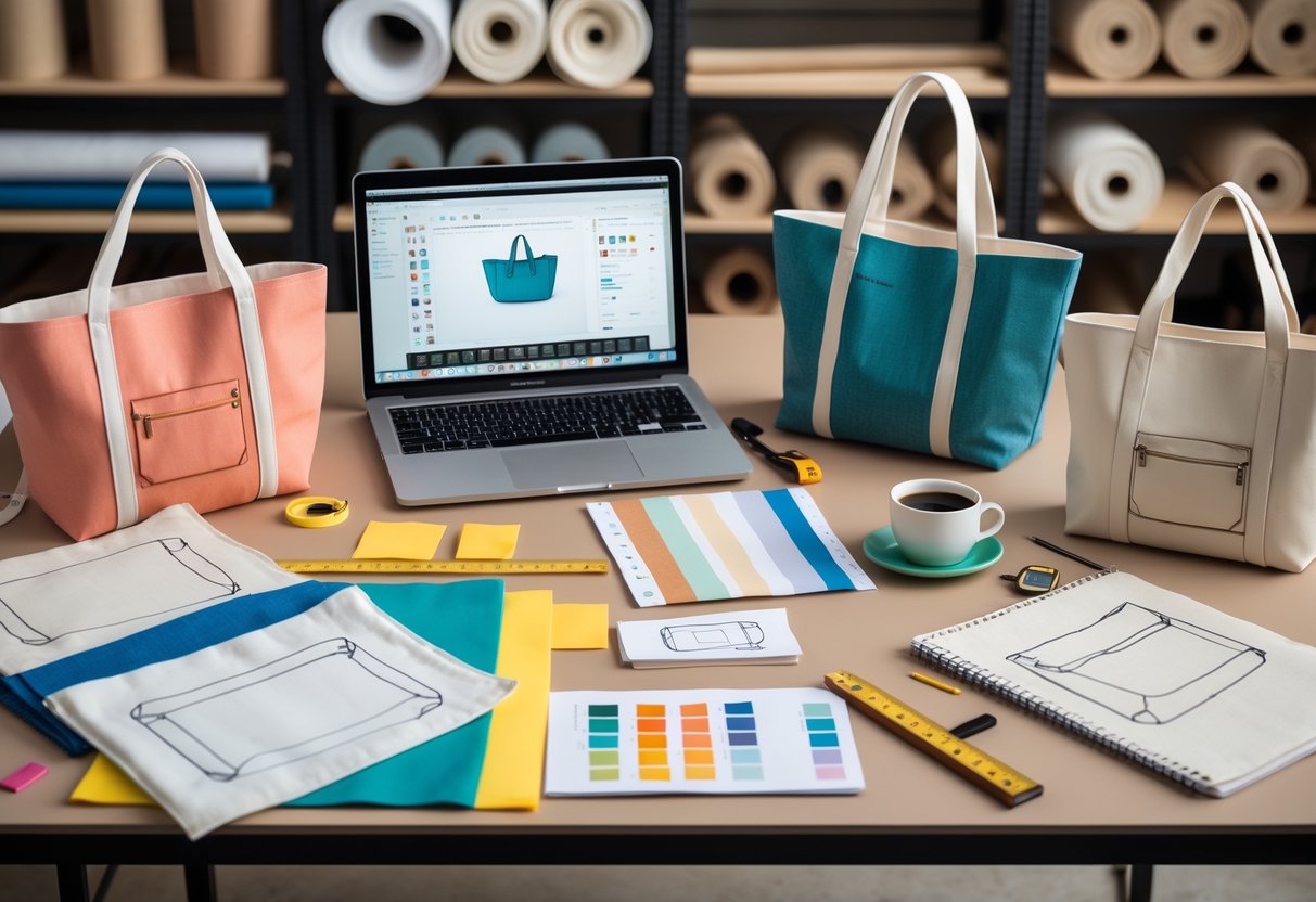 A workspace with a laptop, colorful tote bags, fabric swatches, sketches, and measuring tools arranged for designing and sourcing tote bags.