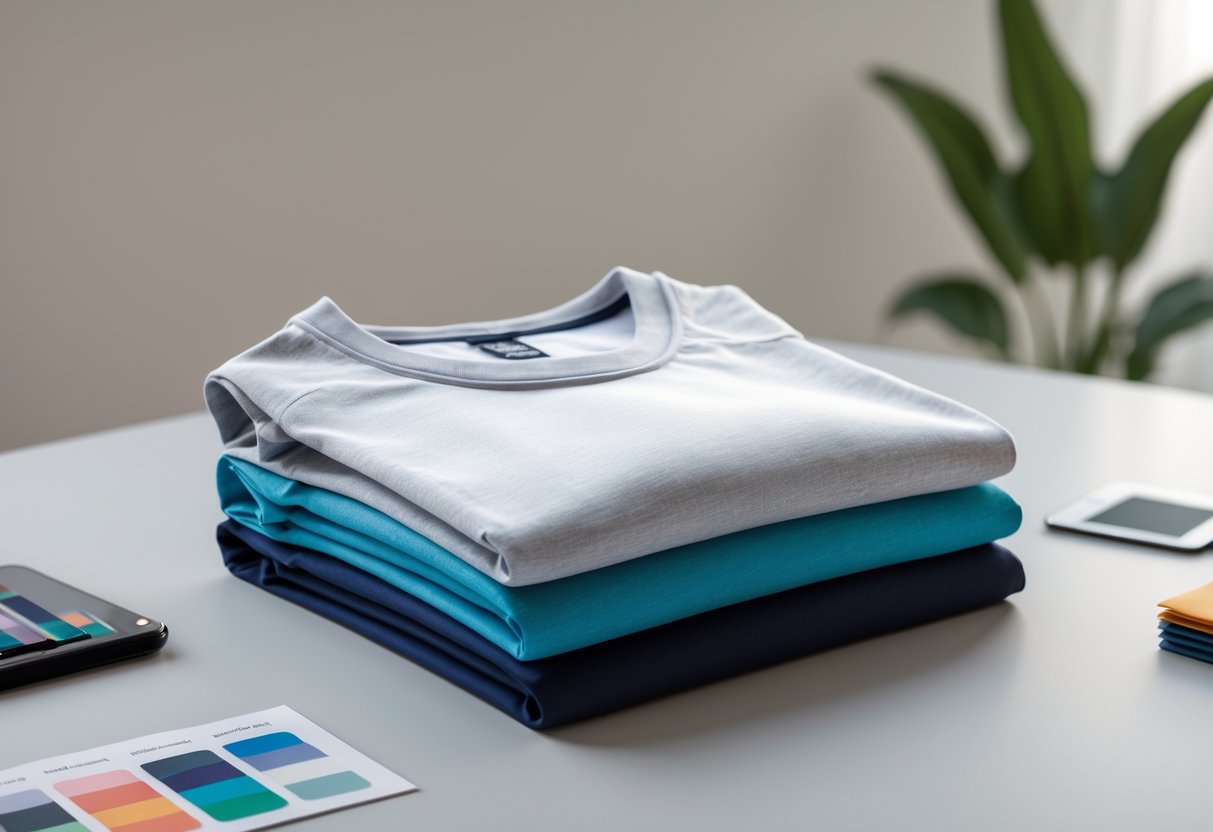 A neatly folded poly-blend shirt displayed on a neutral surface with printing tools and color swatches around it.
