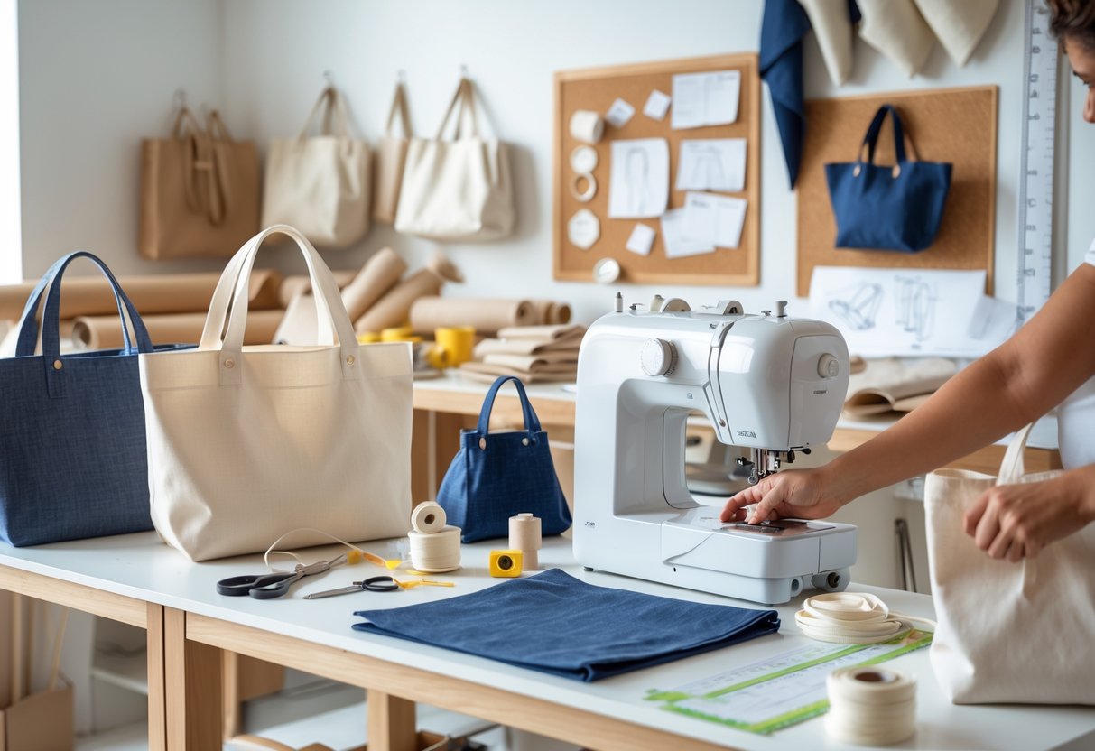 A workspace with sewing equipment, fabric, and handmade tote bags being crafted and displayed.