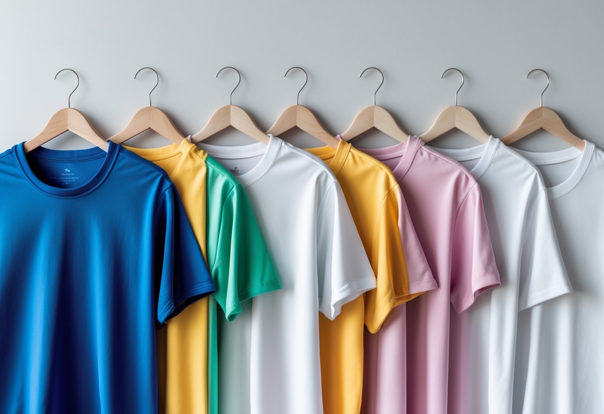 A collection of five high-quality shirts displayed on a neutral background, showing different fabrics and colors suitable for sublimation printing.