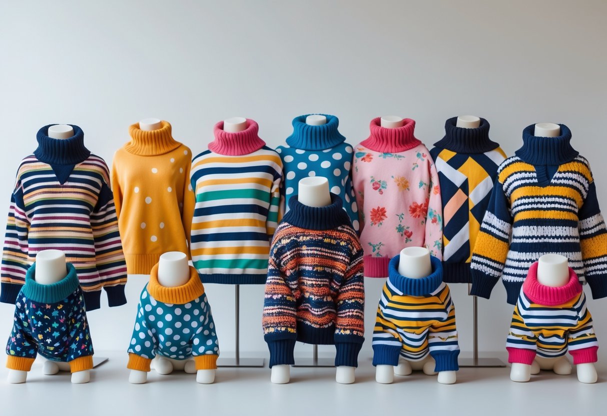 Several dog mannequins wearing colorful and patterned pet clothes displayed on a neutral background.