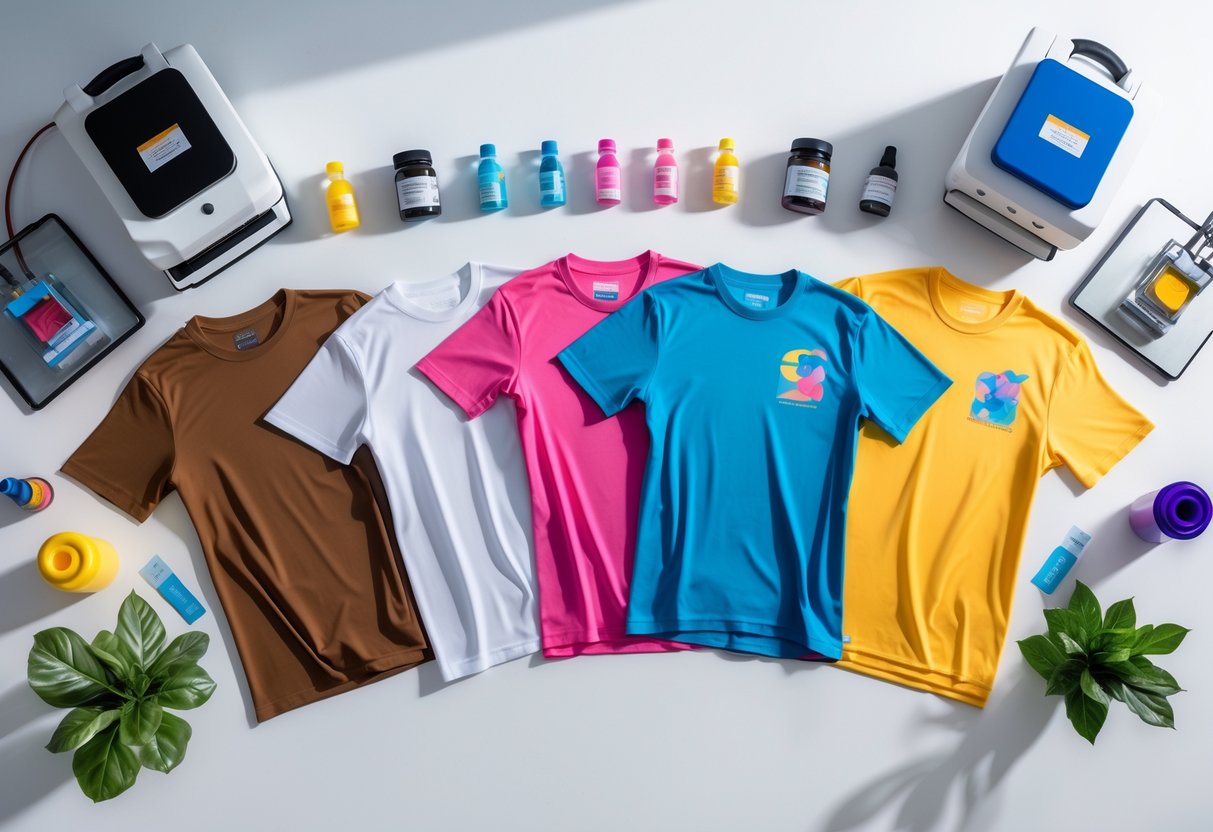 Five colorful sublimation printed shirts neatly arranged with printing tools on a white background.