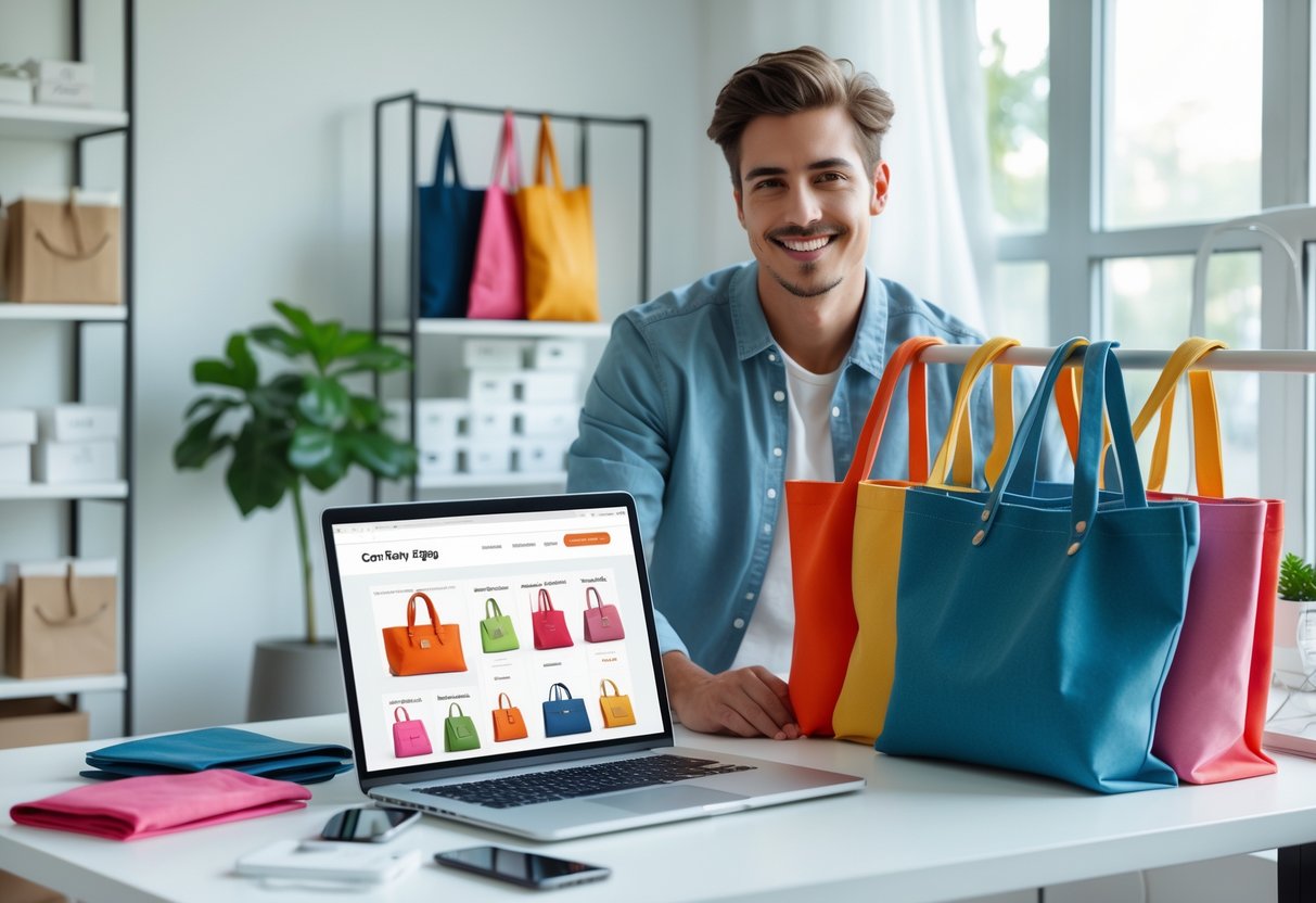 Person working on a laptop surrounded by tote bags and packaging materials in a bright home office.