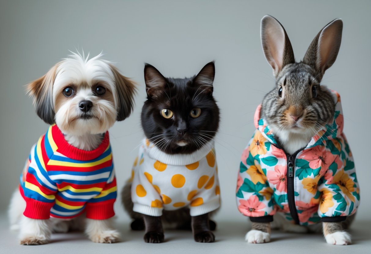 A dog, cat, and rabbit wearing colorful patterned pet clothes sitting together on a plain background.