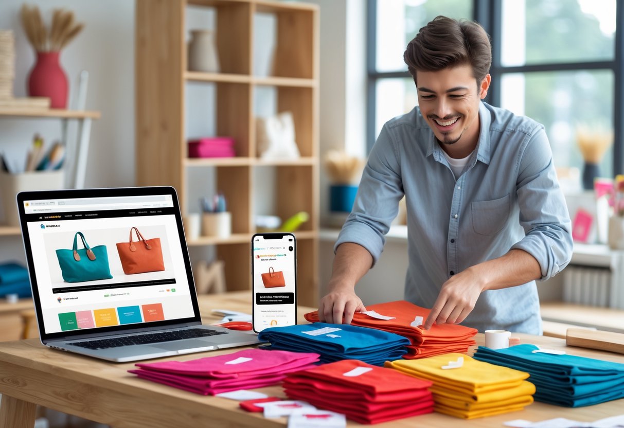 A person arranging colorful tote bags on a table with a laptop and smartphone showing online marketplace websites in a bright workspace.