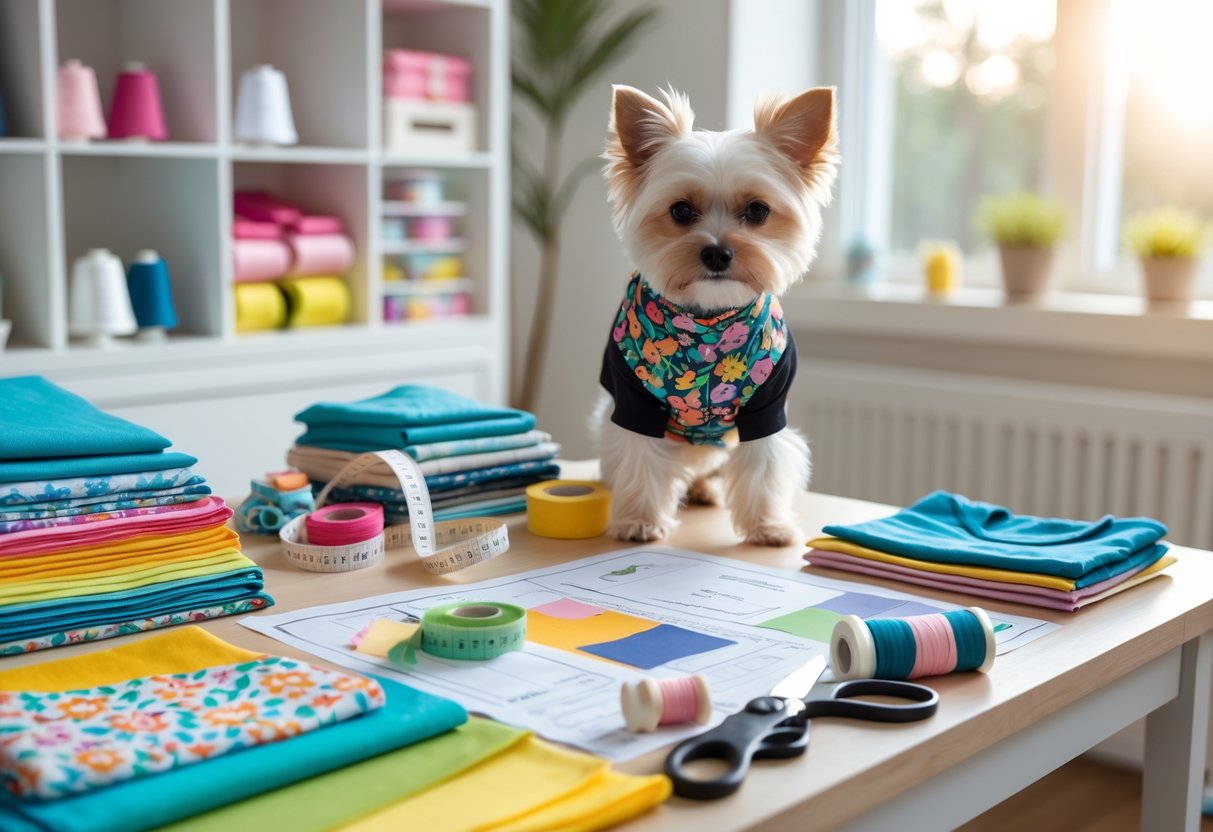 A home crafting workspace with sewing supplies and a small pet wearing a handmade outfit.