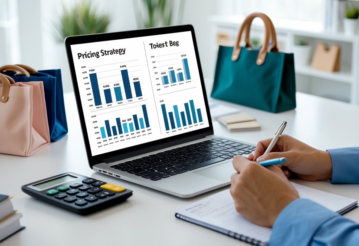 Hands using a calculator and writing notes next to a laptop and sample tote bags on a desk in an office.