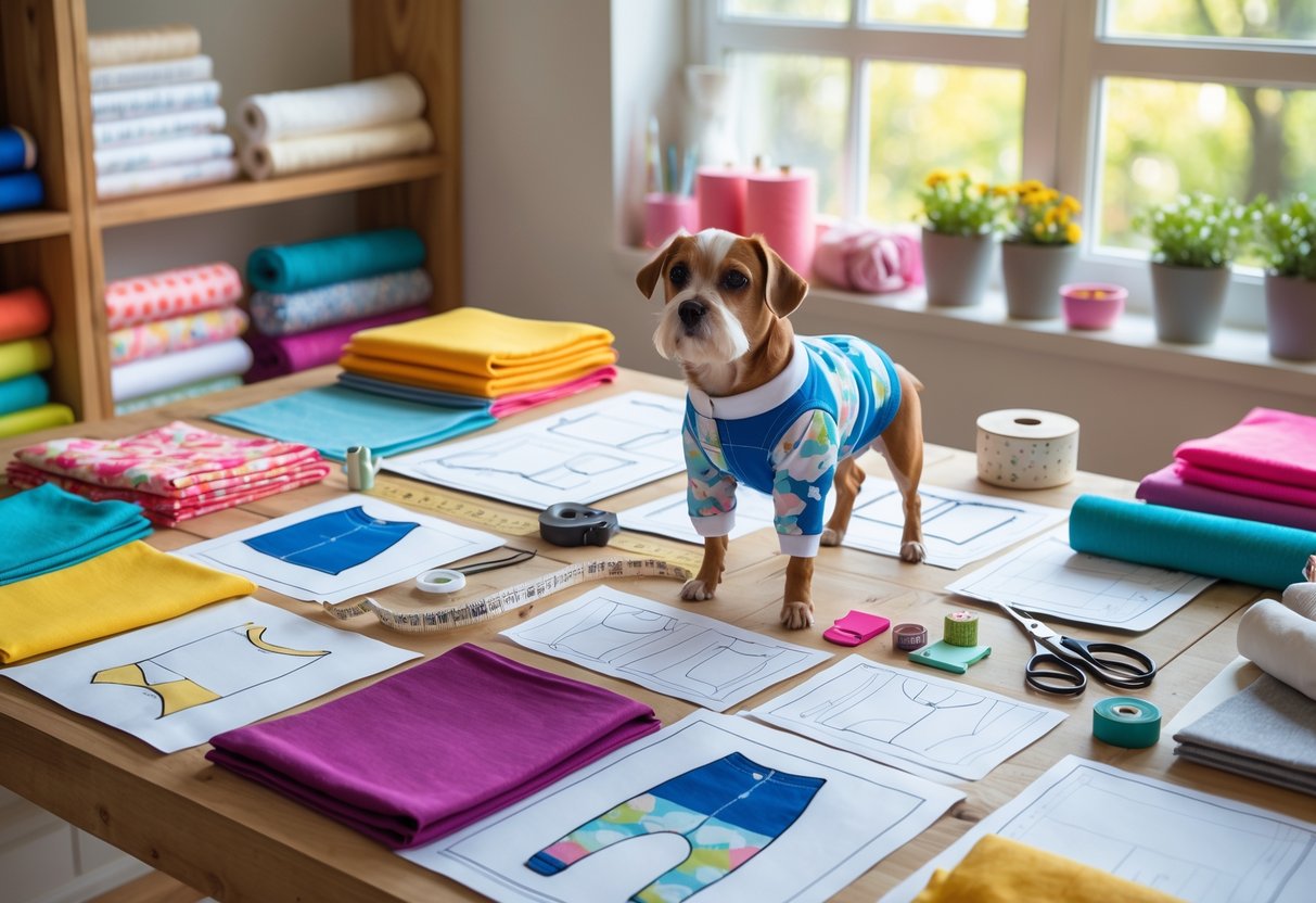 A workspace with colorful pet clothing patterns, sewing tools, and a small dog mannequin wearing a stylish pet outfit.
