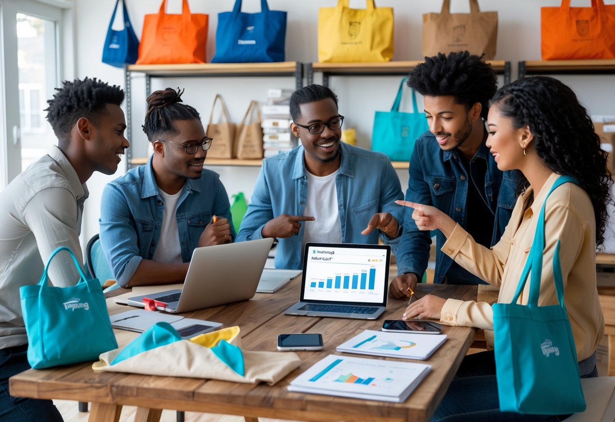 A group of people working together around a table with tote bags, laptops, and notebooks in a bright workspace.