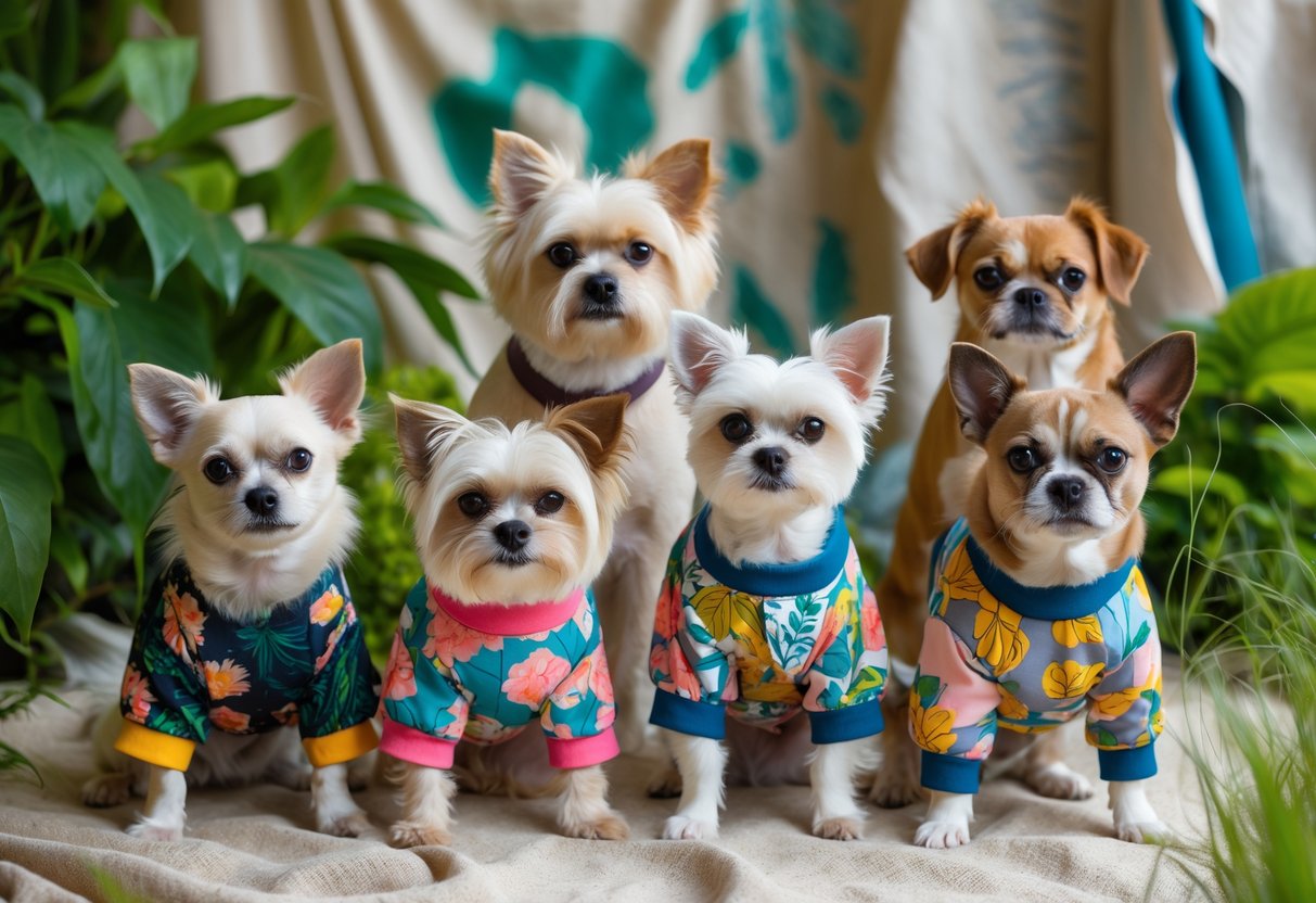 Several dogs wearing colorful, stylish pet clothes made from recycled materials, posed outdoors with greenery in the background.