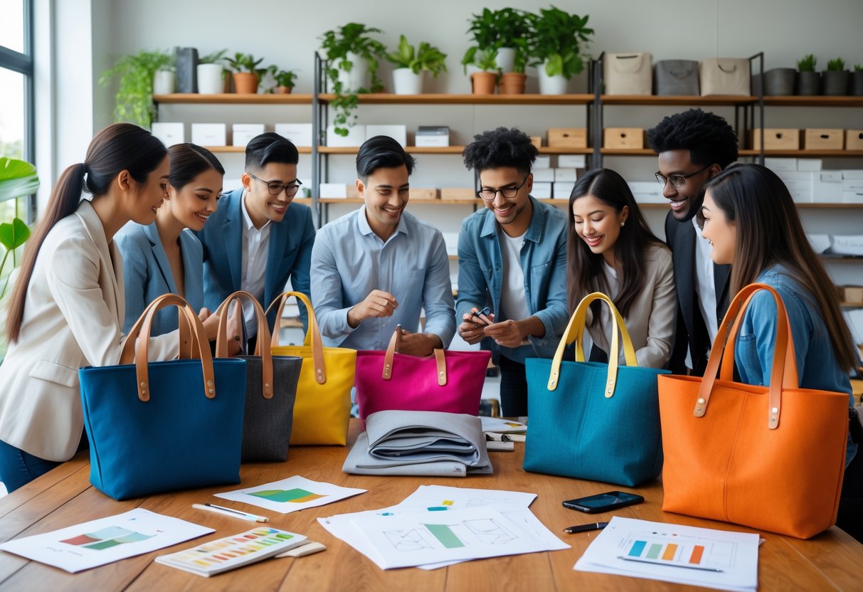 A group of people working together around a table with tote bags, sketches, and a laptop in a bright room.