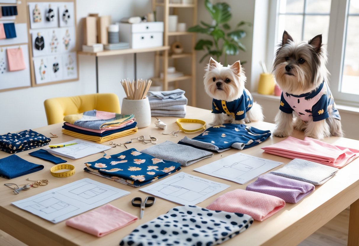 A workspace with pet clothes patterns, sewing tools, and a dog and cat wearing stylish outfits.
