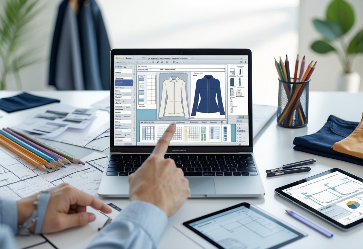 A workspace with a laptop showing a digital tech pack, design tools, fabric samples, and hands interacting with the screen.